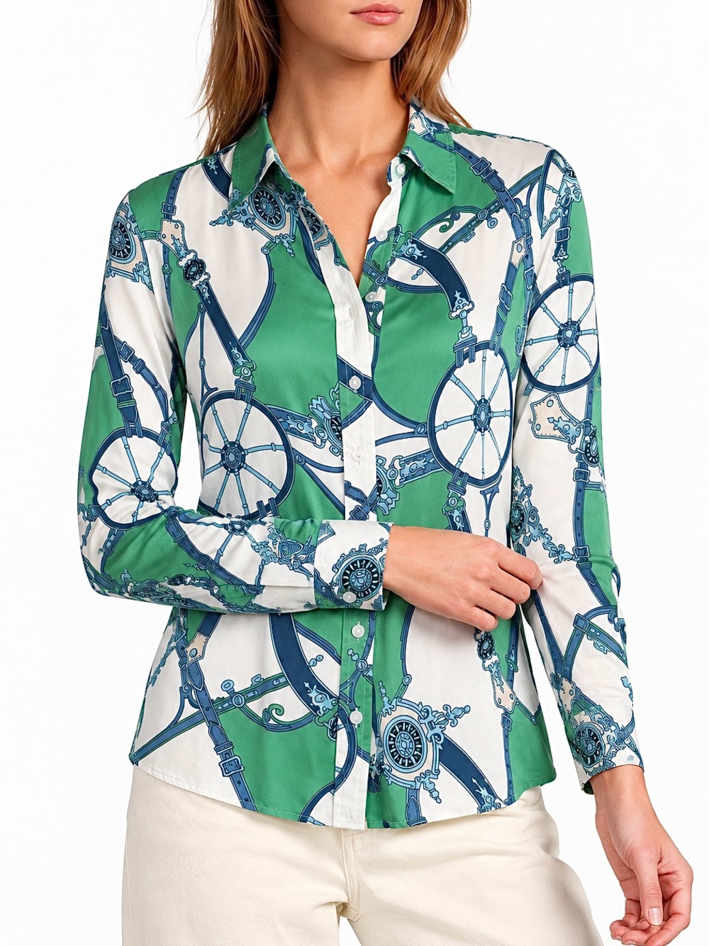 Liz Claiborne 100% Silk Equestrian Print Blouse 8P Petite Luxury Scarf Style Y2K